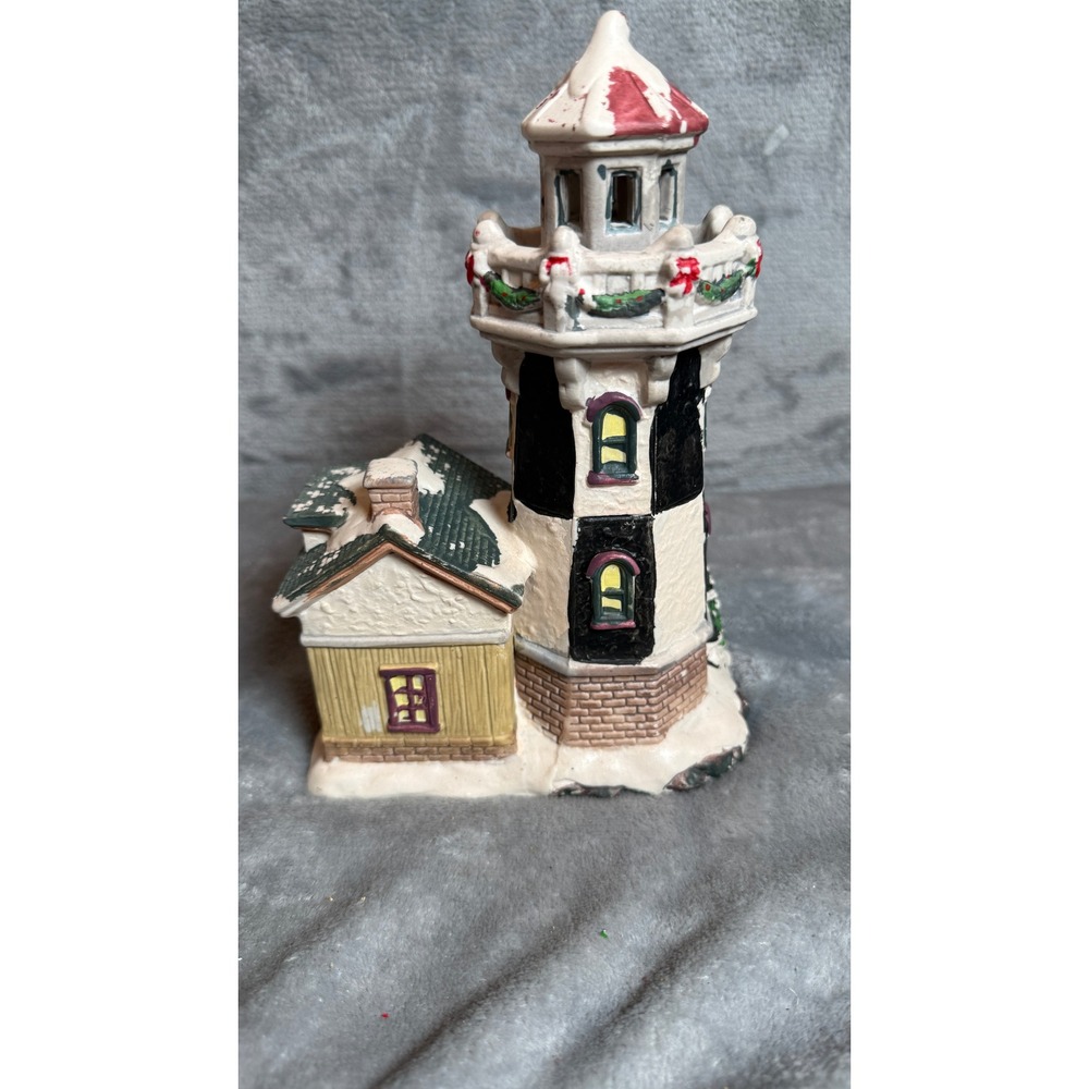 Vintage Christmas Lighthouse House Figurine Santa Window Holiday Village Decor
